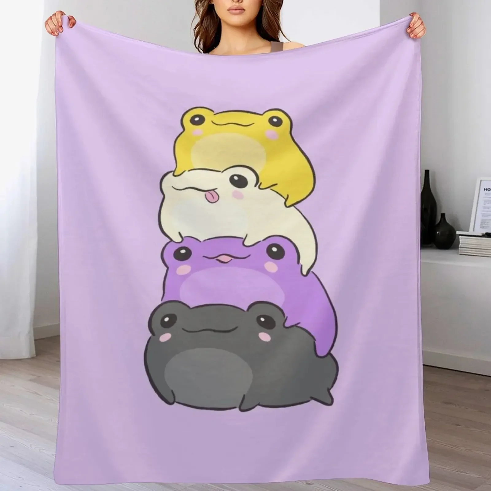 New Nonbinary Pride Frog - Cute Kawaii Aesthetic Frog - Subtle Non-Binary Enby NB Pride Flag Colors Frog Pile Throw Blanket