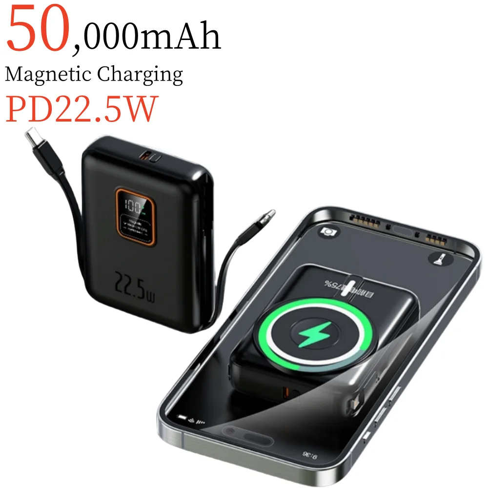 

Power Bank For XIAOMI 50000mAh Magnetic Wireless Built in 2 Cables Fast Charging Portable Battery Charger for Samsung iPhone NEW