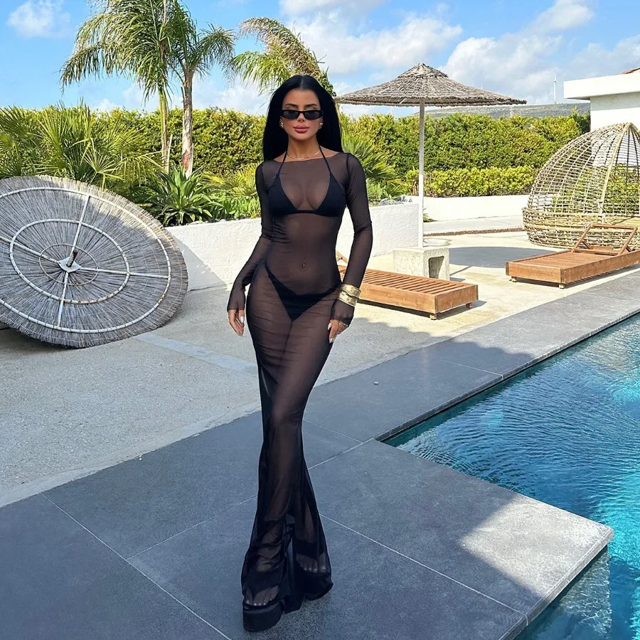 

【New style】European and American style summer new sexy women's clothing hottie slim mesh perspective one-shoulder long-sleeved
