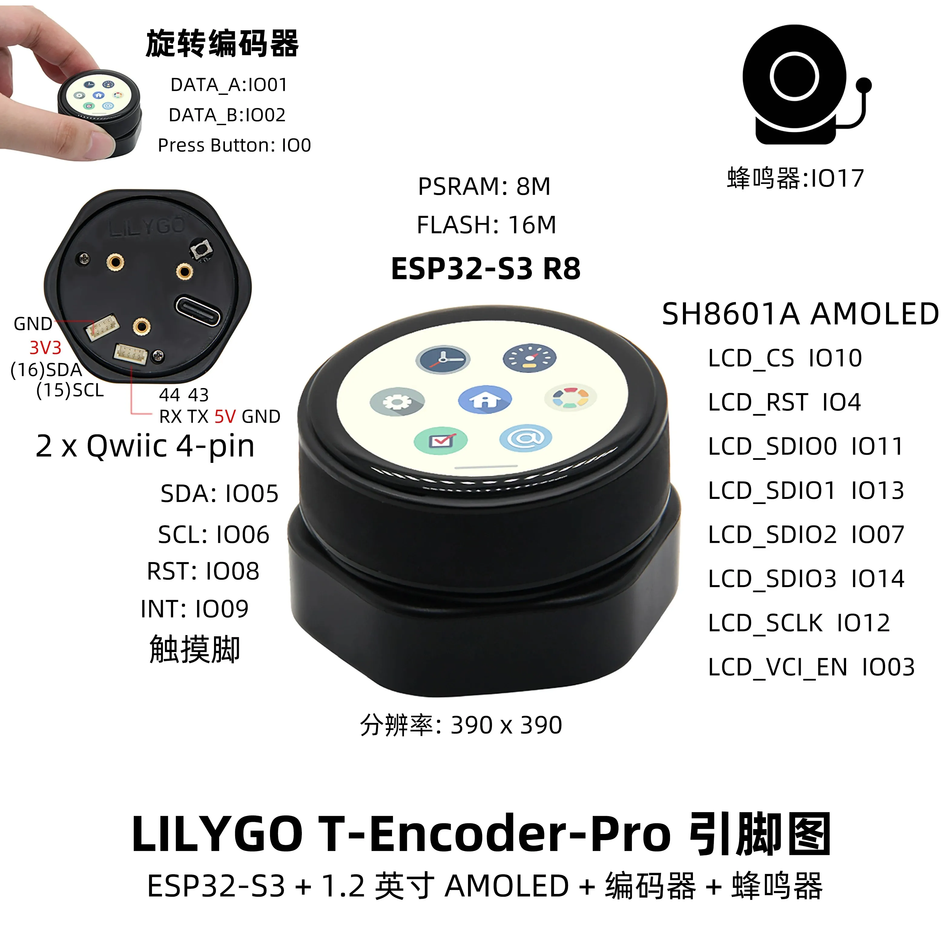 LILYGO ®  T-Encoder Pro ESP32-S3 Rotary Encoder with 1.2-inch Touch Screen Display