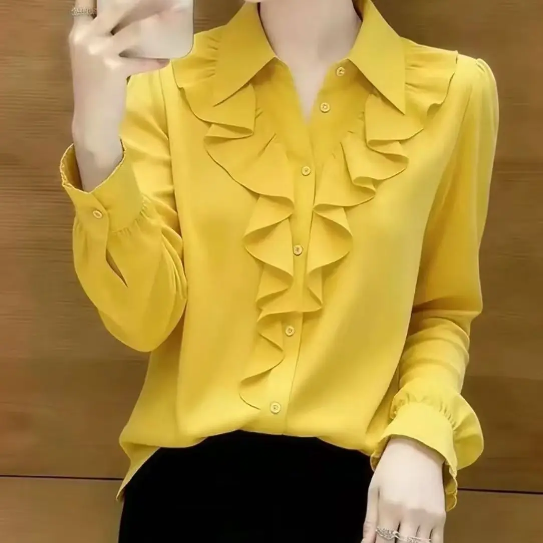 

Yellow ruffle edge women's shirt 2026 new spring senior feeling foreign style age reduction loose and thin lapel top