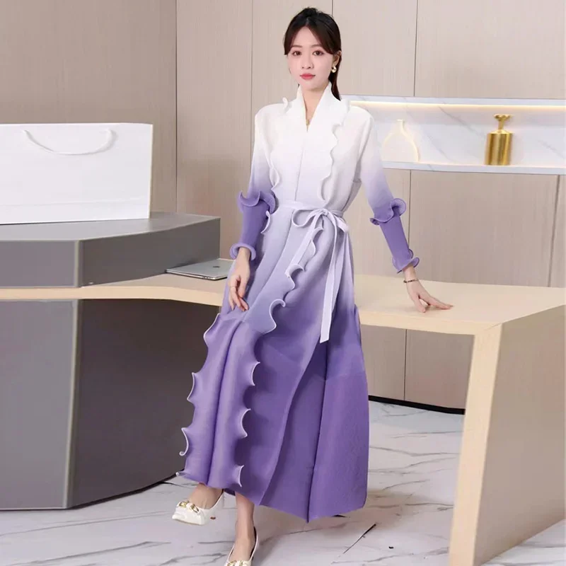 Miyake Pleated Gradual Color Change Wood Ear Edge Long Sleeve Elegant Dress Women's Print Maxi Dress Temperament Plaid Skirt