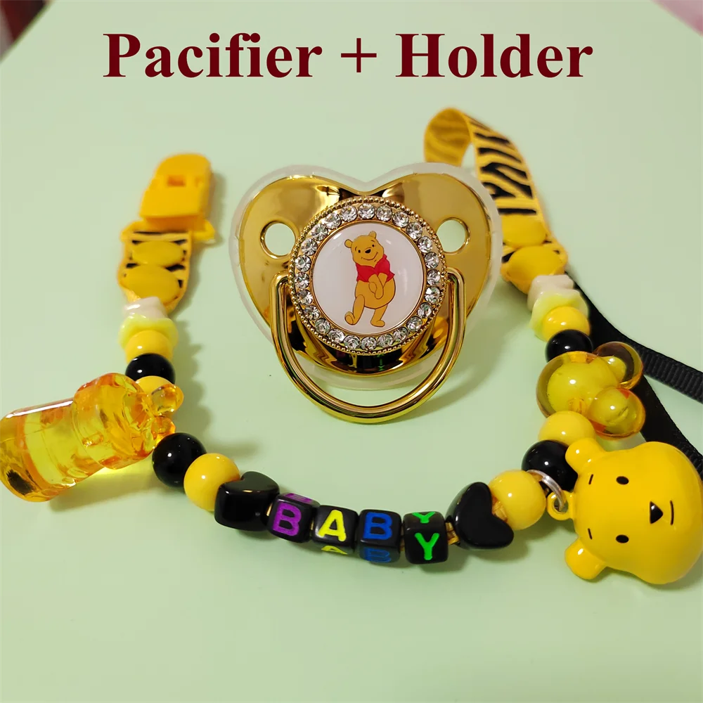 [1 Set] Disney Hot Sale Baby Pacifier With Beaded Chain Clip For Newborn Boys Girl BPA Free Luxury Bling Fake Pacifier Chupeta