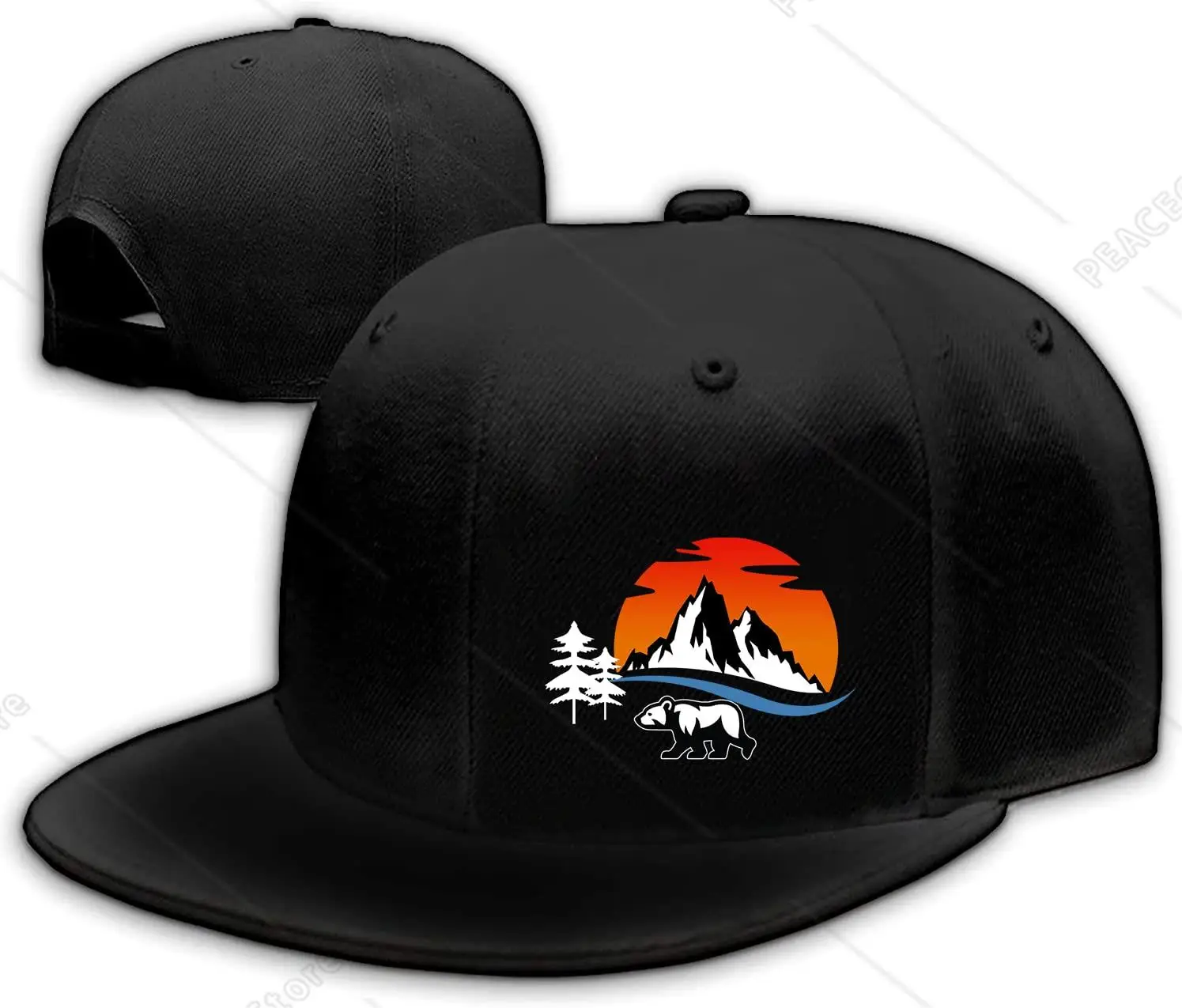 Mountain Tree Bear Hat Snapback Hats for Men Womens Black Adjustable Baseball Caps Flatbill Flat Brim Snap Back Pack Hat