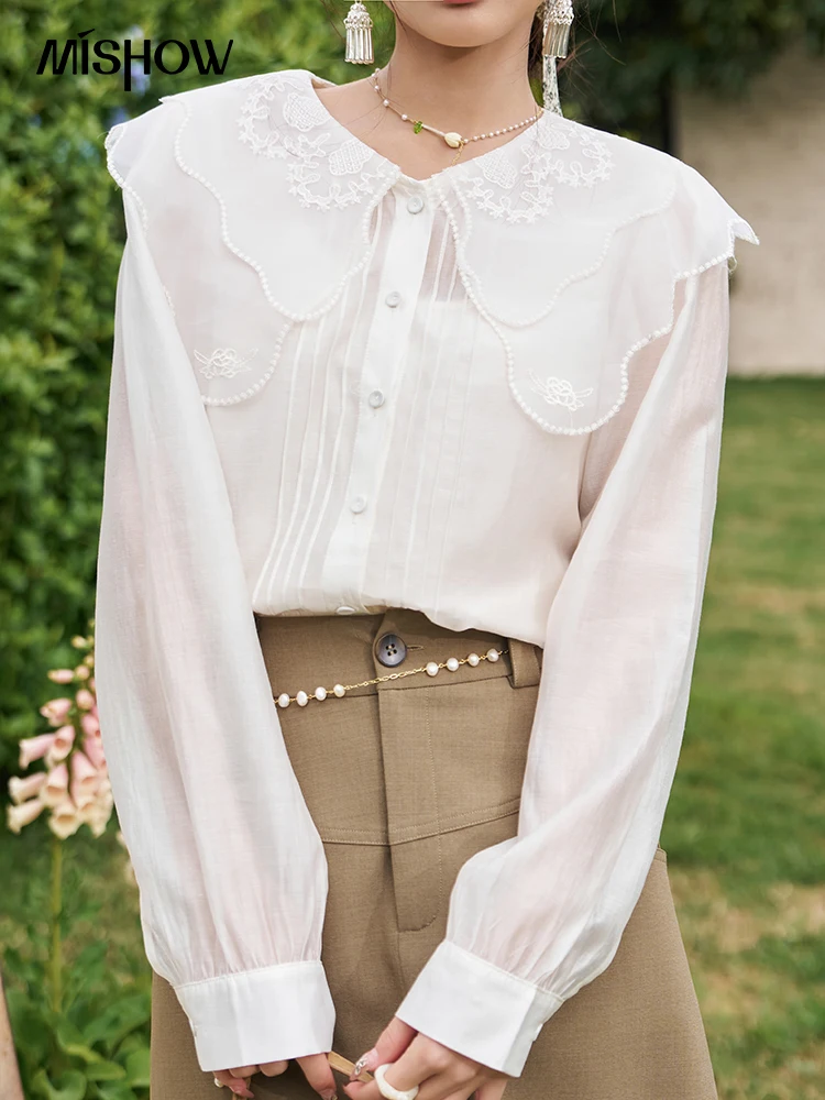 MISHOW Jacquard Embroidered Shirt Spring 2024 Lace Ruffle Double-layer Collar Shirt with Suspender Bottom Top 2pc Set MXC58C0149