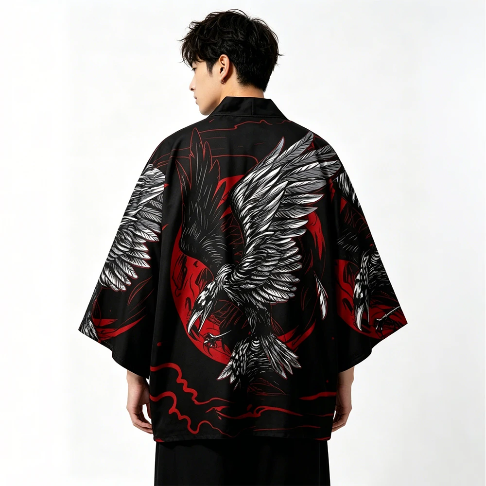Japanese Traditional Print Cardigan Kimono Harajuku Men's And Women's Beach Yukata Japanese New Fashion Crow Printed Streetwear