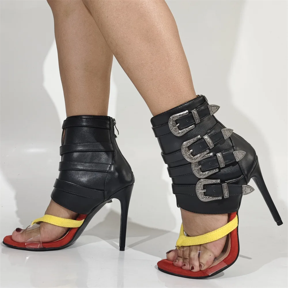

Женские сандалии-гладиаторы в стиле подиумной моды с текстурой кожи угря, стильными кожаными вставками и смелым дизайнерским оформлением для сценического образа