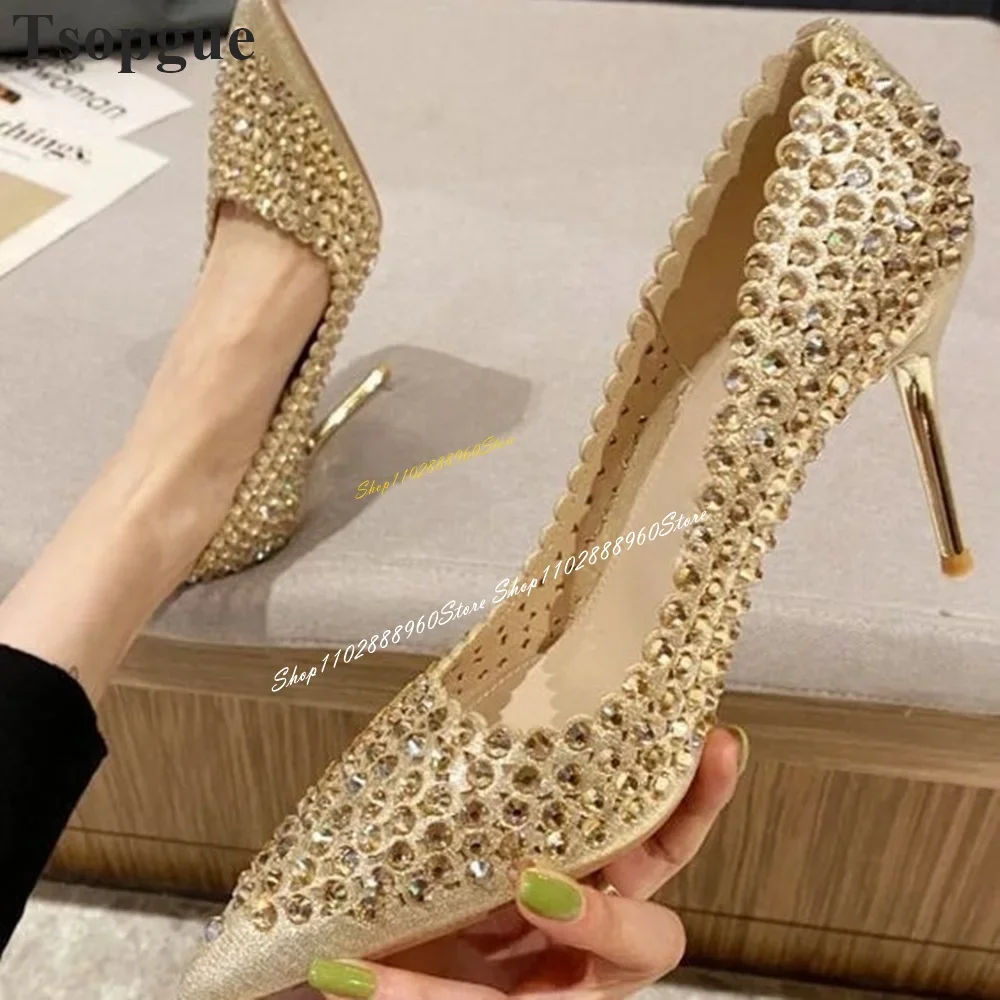 

Stylish Gold Blingbling Crystal Wedding Pumps Thin High Heel Women Shoes Slip On Pointed Toe 2024 Fashion Zapatos Para Mujere