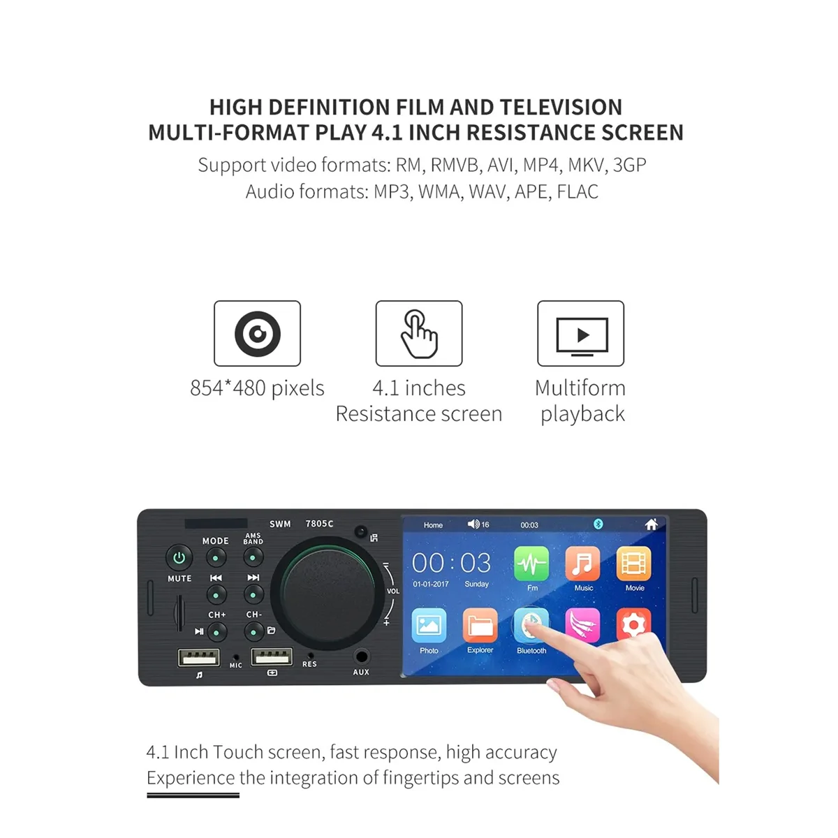 4.1 Inch Car Radio Touch Screen Bluetooth Music Handsfree MP5 Player TF USB Charging Remote Music Audio System