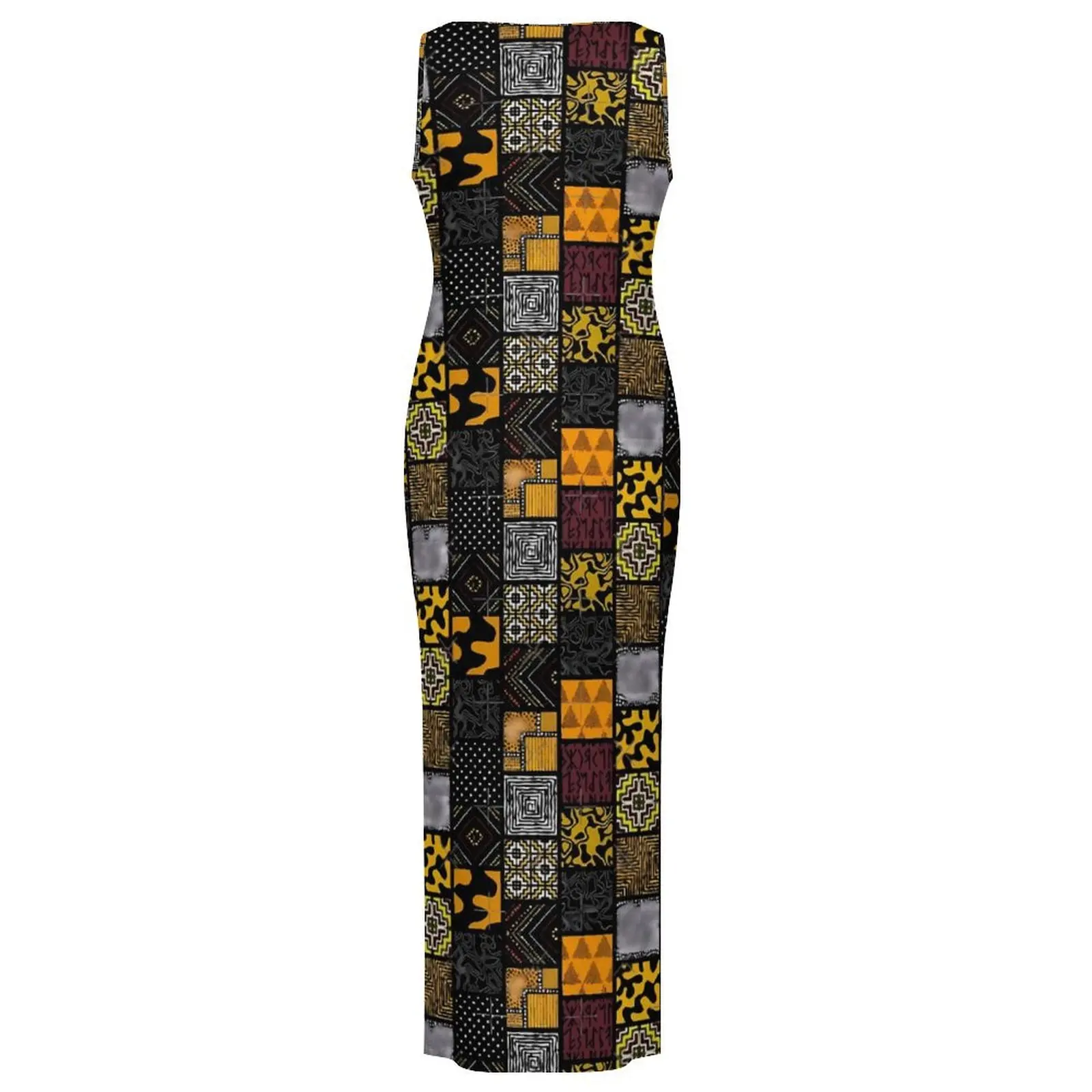 Women Afro Patchwork Print Dress Retro Plaid Streetwear Bodycon Dress Summer Sleeveless Modern Maxi Dresses Graphic Vestido