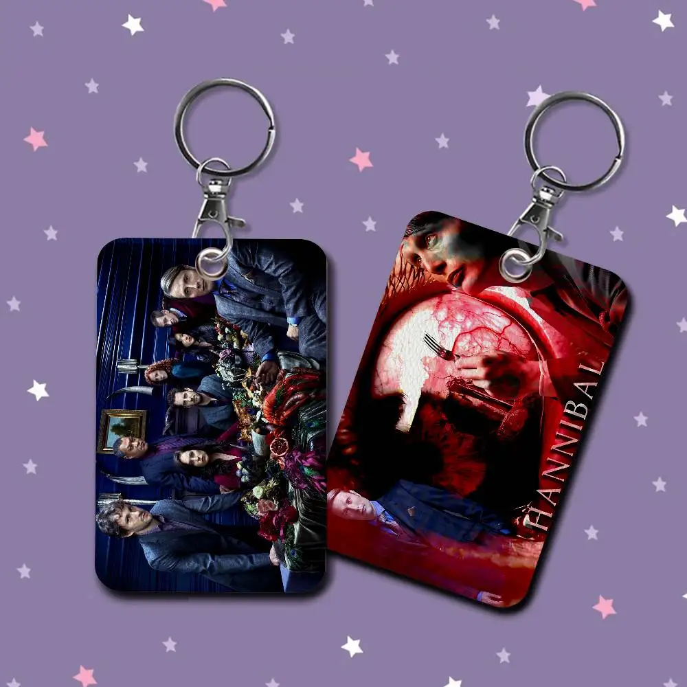 American TV Series H-Hannibal Rectangle ID Card Case Keychain Access Card Bag Key Tag Ring Leather Card Holder Key Ring Access