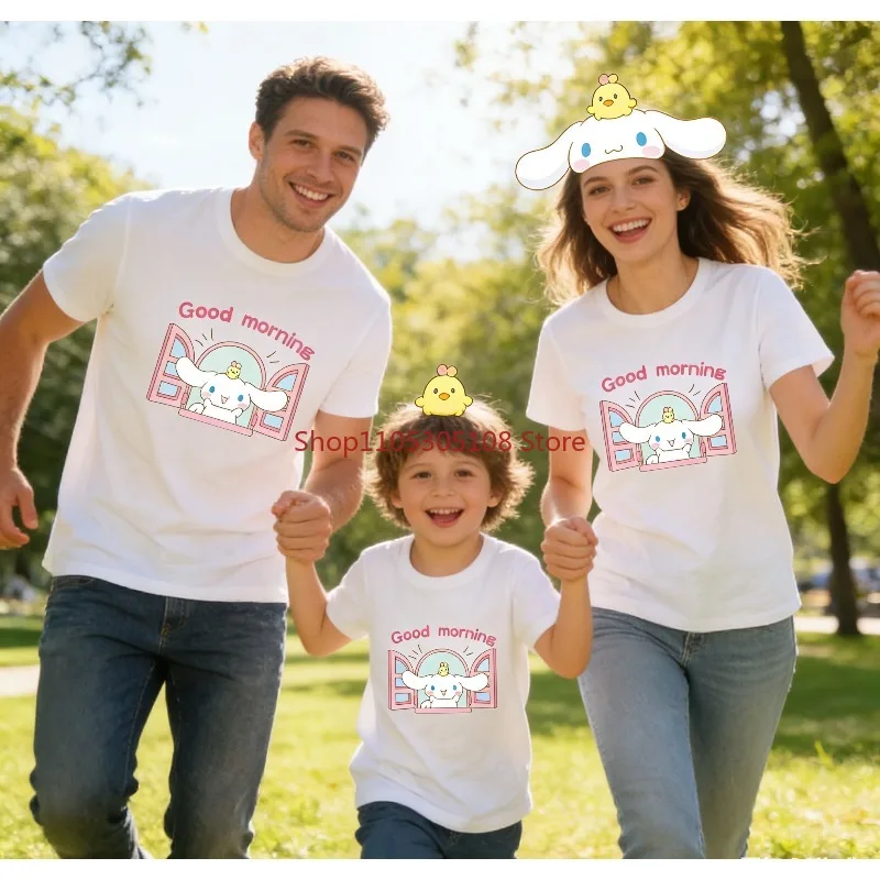 

Summer Colorful Children's Pure Cotton T-shirt with Big-eared Dog Good Morning Pattern Print Parent-child Top