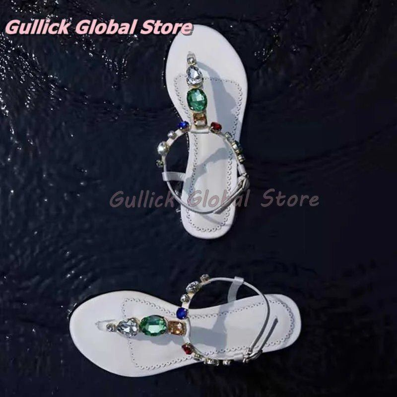 2024 New Arrival Genuine Leather Round Toe Luxury Handmade Rhinestone Concise Slingback Flat Sandals Summer Casual Leisure Shoes