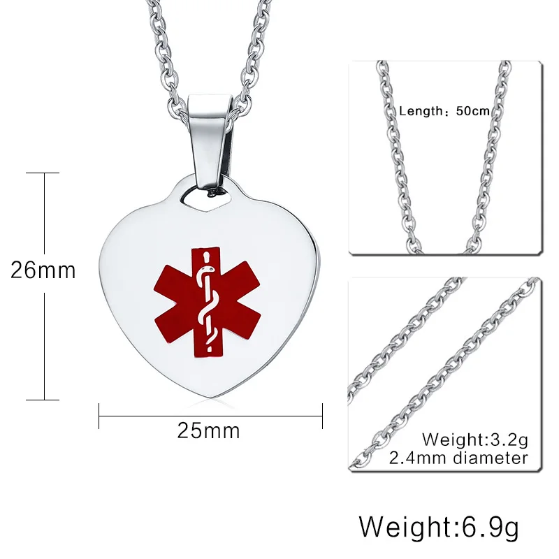 Vnox Custom Engrave Heart Shape Medical Alert ID Pendant Necklaces for Women 20 Inches Chain