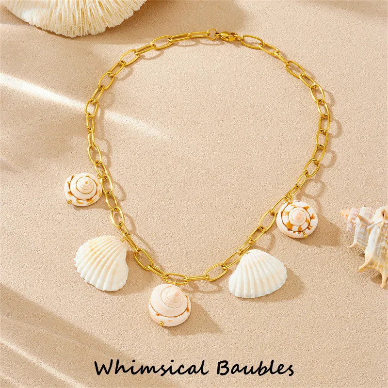 

Vintage Hip-hop Punk Many Charms Big Texture Natural Sea Shell Conch Charms Pendant Chunky Chain Necklace Jewelry