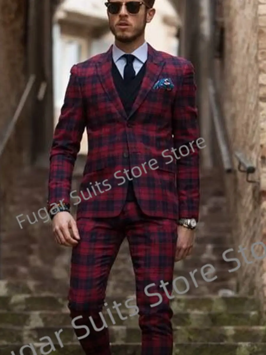 

Classic Red Plaid Wedding Suits For Men Slim Fit Notched Lapel Groom Tuxedos 2 Pieces Sets Fashion Male Blazer Costume Homme