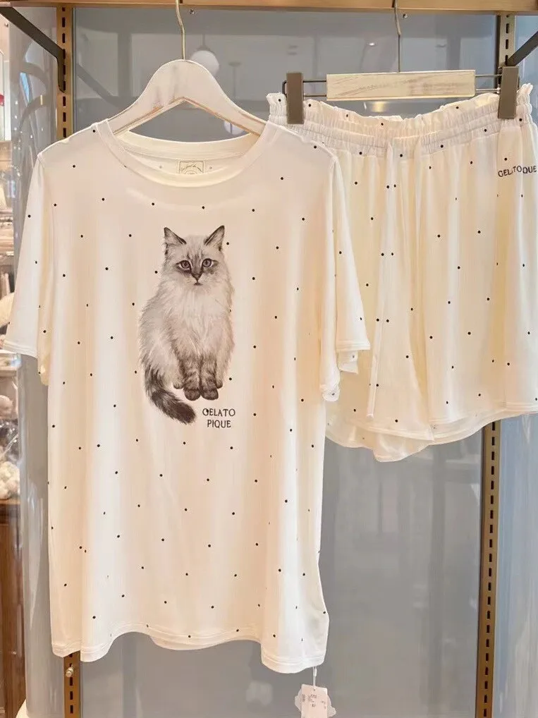 Japanese Summer New Cute Cat Dot Short Sleeve Top T-shirt Women Shorts Modal Cotton Pajamas Pullovers Home Wear Suit Homewear