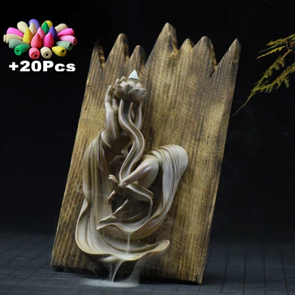 

Gift 20Cones Creative Wall Hanging Home Decor Backflow Incense Burner Buddha Hand Lotus With Wood Board Incense Censer