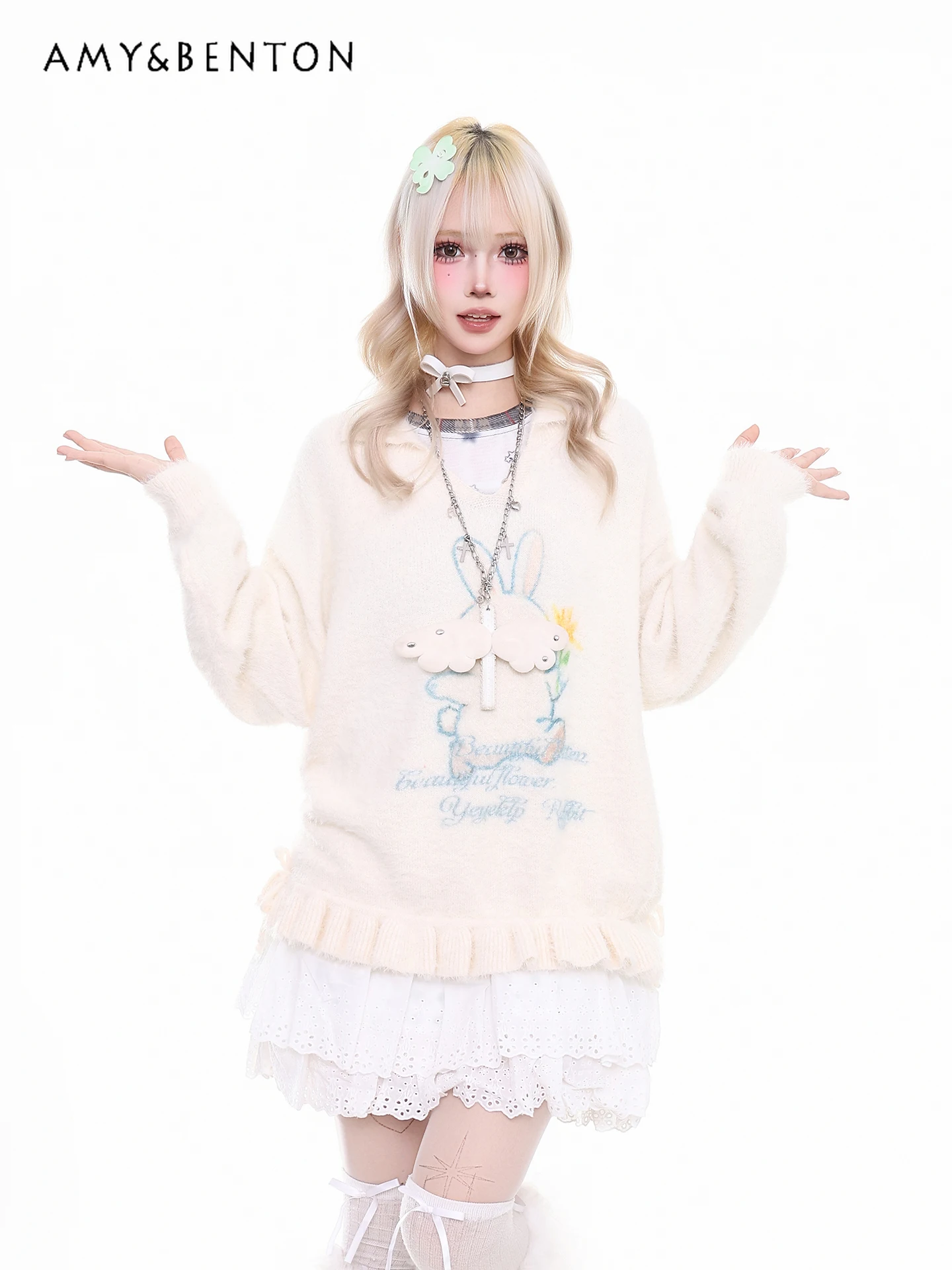 

2025 Autumn and Winter New Sweet Cute Cartoon Rabbit Print Pink Sweater for Women Loose Casual White Knitted Top