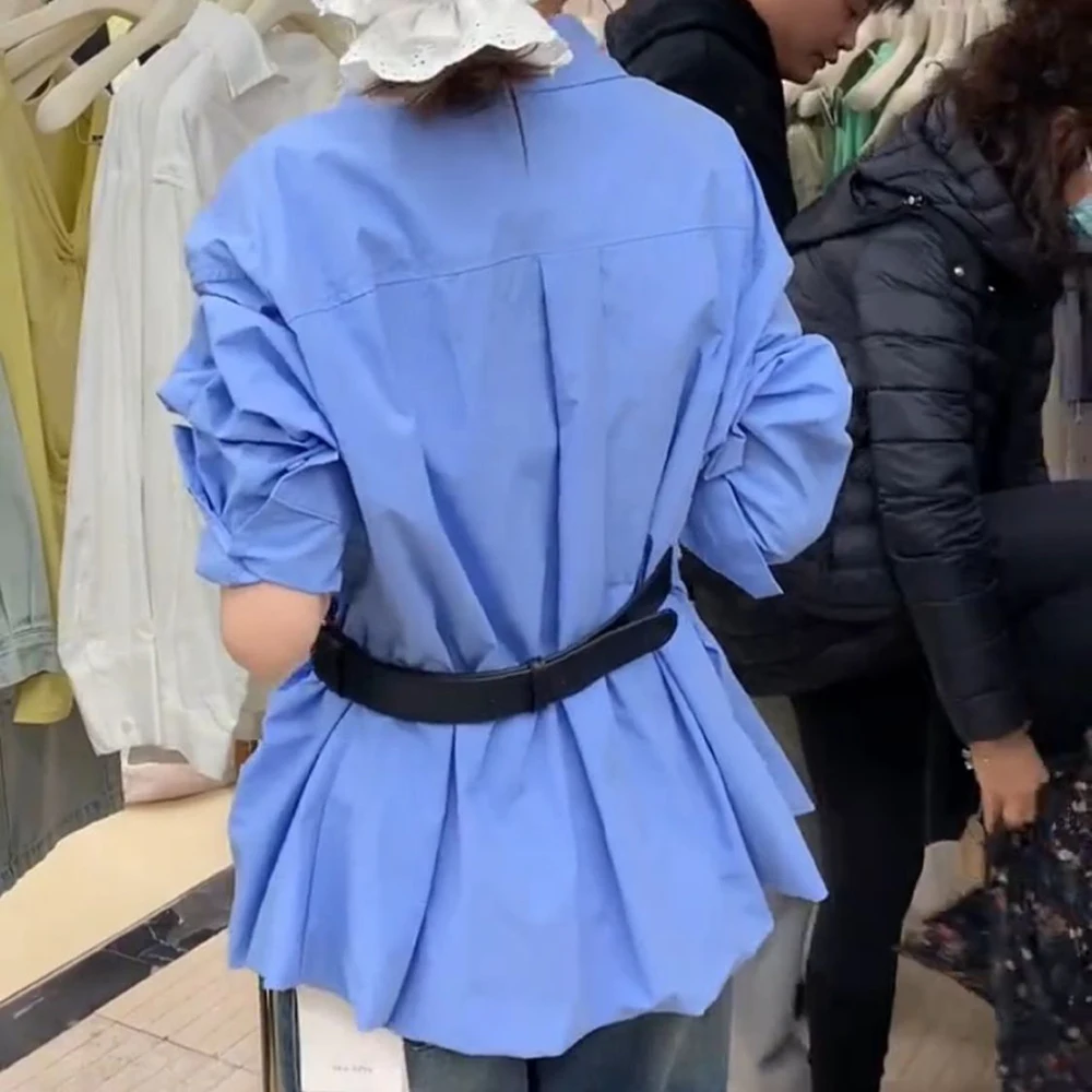 Korean version of the design sense Polo collar belt waist thin long-sleeved shirt women's 2025 new chic top shirt