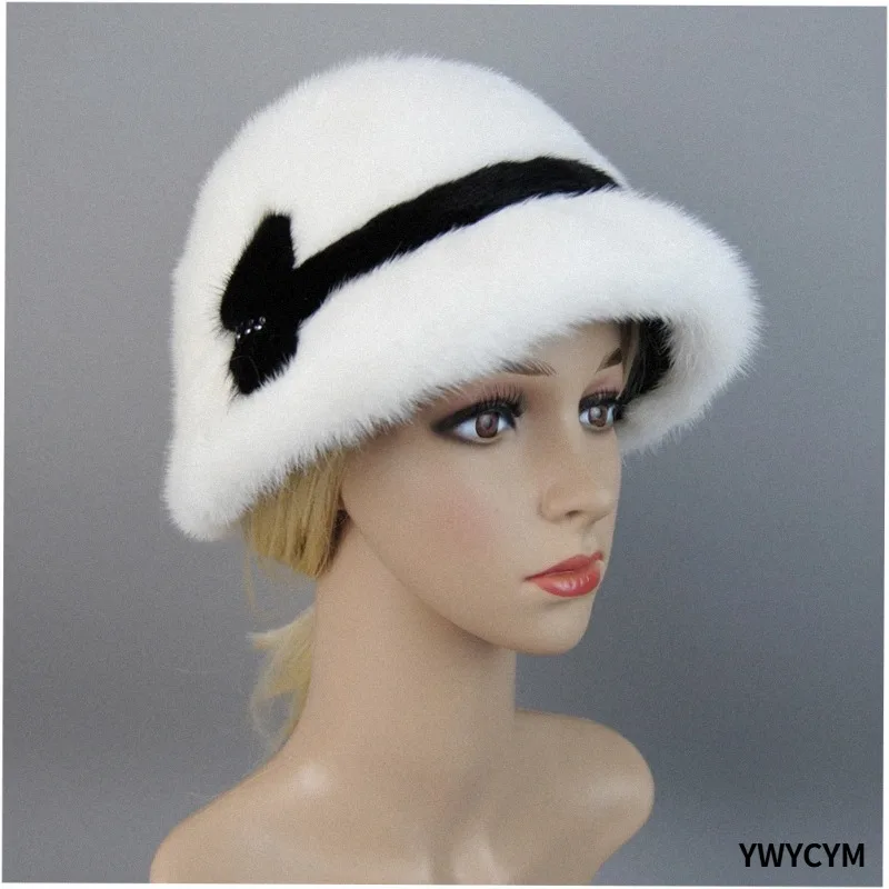 Brand Russian Girl Soft Knitting Real Fur Bucket Hats Woman Hat Winter Solid Mink Caps With Fashion arrow Natural Mink Fur Hats