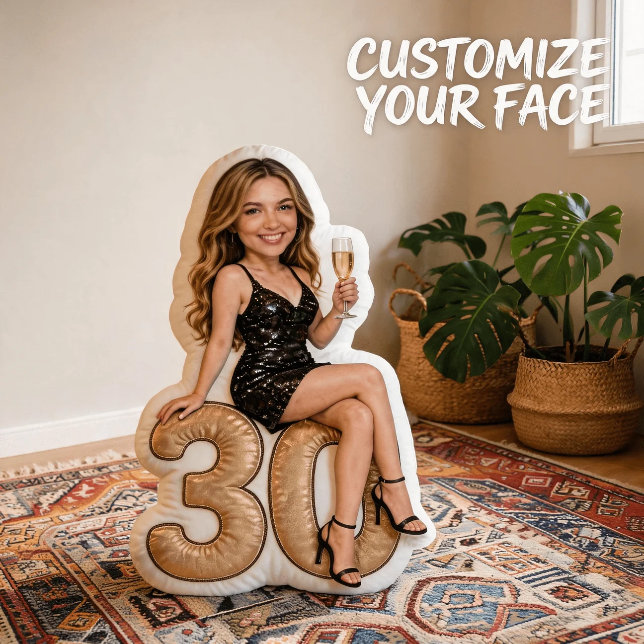 Custom Personalized Photo Face Pillow, 30 Number Shaped Decorative Cushion, 60cm Large Size Accent Pillow for Sofa & Bedroom, Un