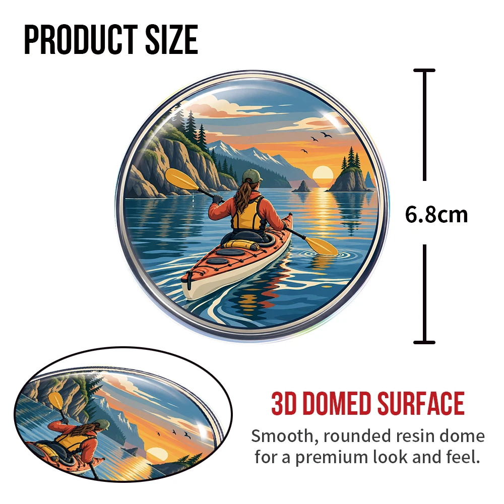 Sunset Kayaking Coastal Bay Adventure 3D Epoxy Resin Round Stickers Waterproof Domed Car Decals for Laptop Tumbler Water Bottle
