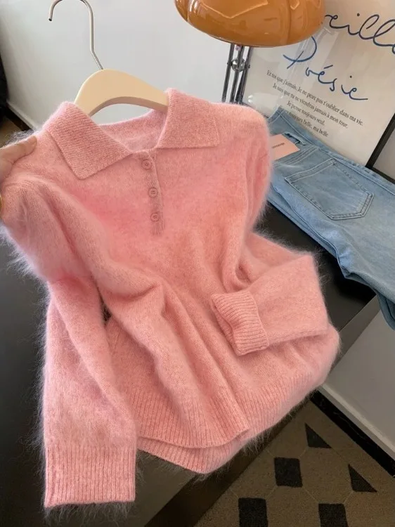 

Soft Cozy Collar Knitted Sweater Women's een Dopane Sle Slimming Versatile Top for Autumn 2025 New Arrival