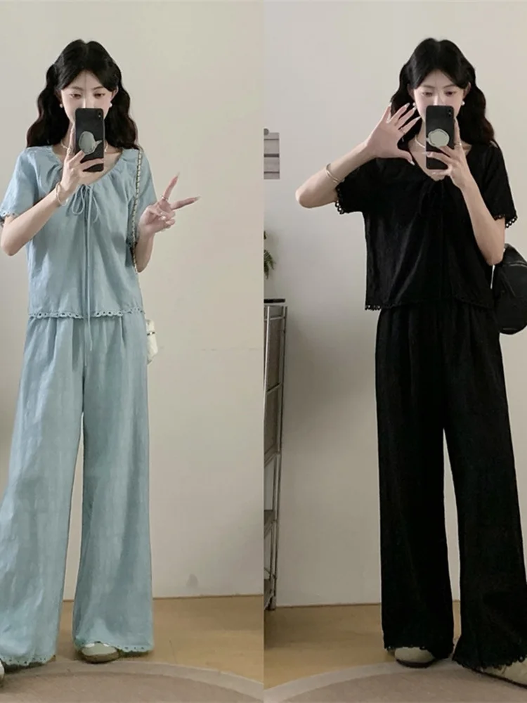 V-Neck Lace Trim Top Wide Leg Pants Set Women Summer plus Size Casual Slimming Two-Piece Set Breathable Lightweight Short Sleeve
