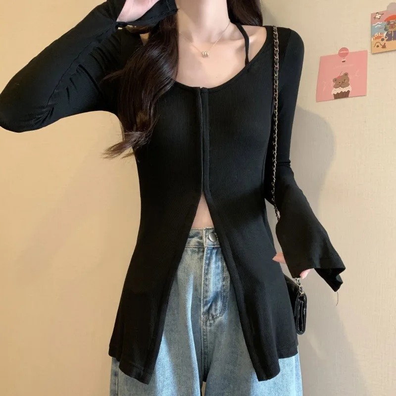 Large Size Autumn and Winter New Style Design Slit Long-sleeved T-shirt for Women Slim Fit Slim Bottom Shirt Top