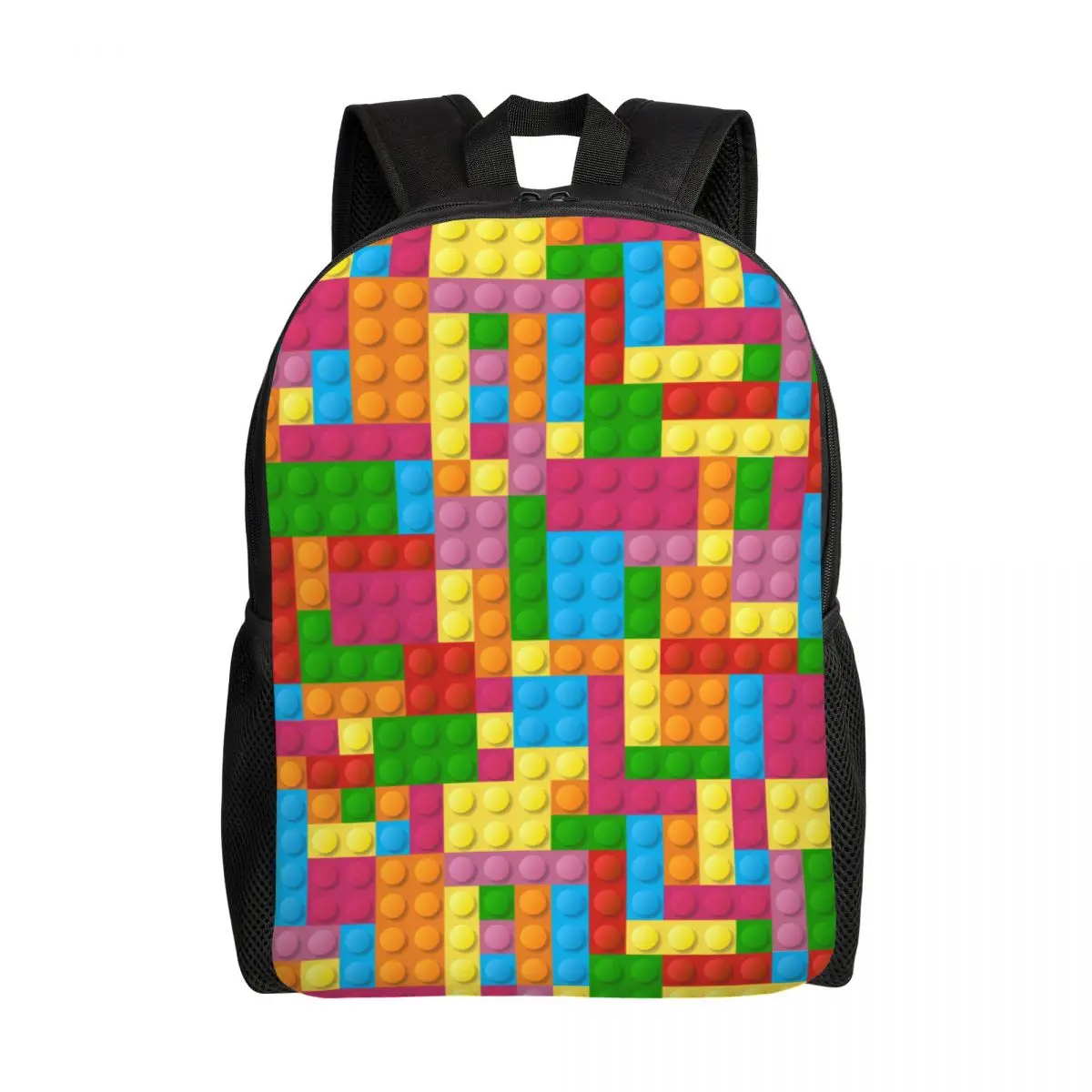 Customized Colorful Building Plastic Brick Toy Blocks Patterns Backpack Women Men Basic Bookbag for School College Bags