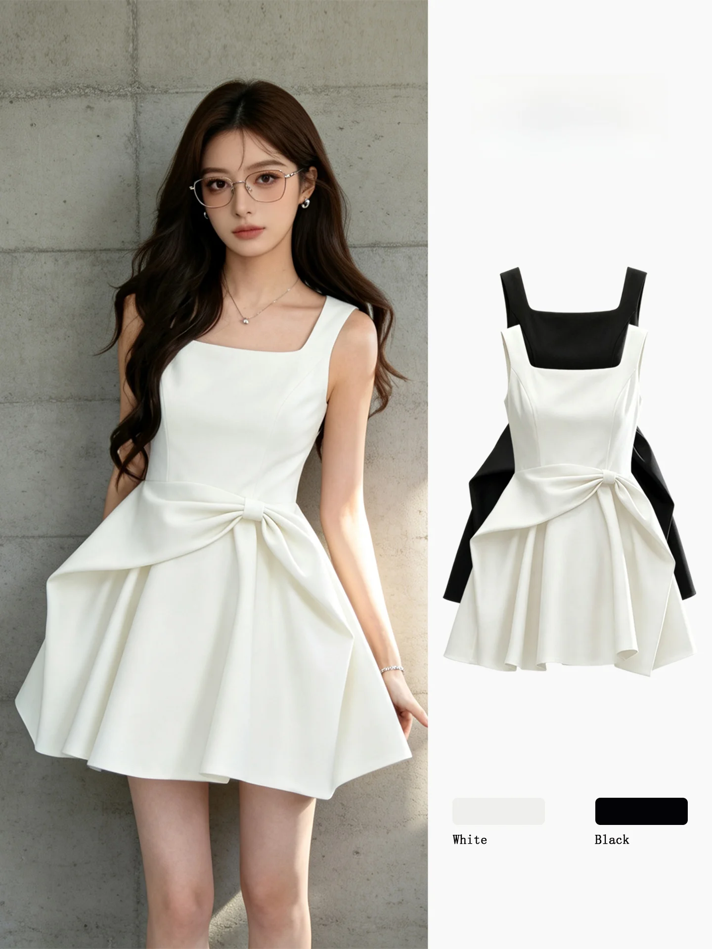 

Elegant White Summer Dress Women's New Style Knot Waist Cinching Design Short Dress French Style A-Line Skirt