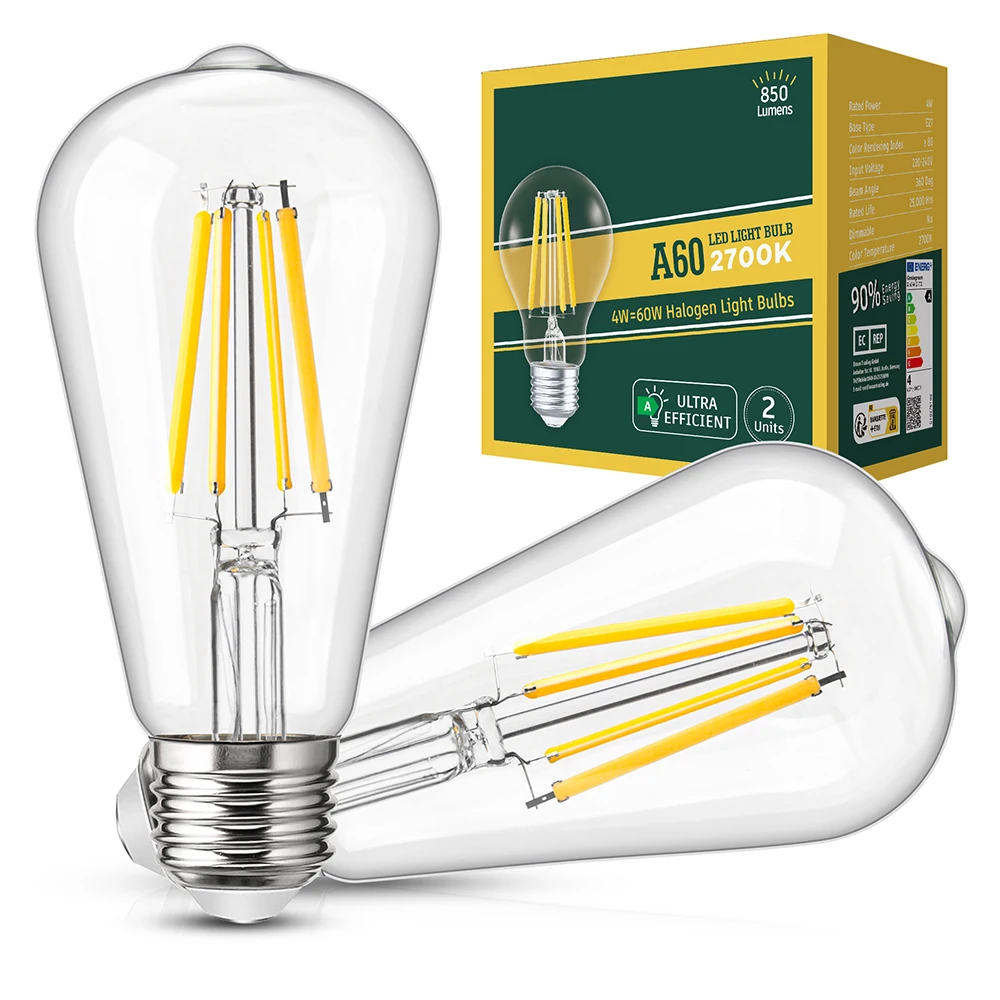 4W 850 Lumens Retro LED Bulb Filament E27 A19 ST58 Class A Ultra Efficient Warm White Edison LED Bulb 85W Equivalent Home Decor