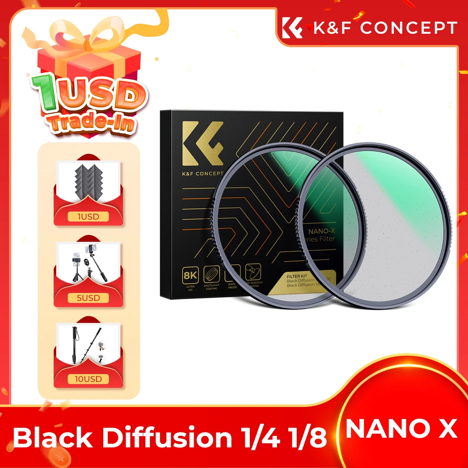 K&F Concept 49mm-82mm Black Mist Diffusion 1/4 1/8 Camera Lenses Filter Kit Multi-layer Nano-X Coated for Nikon Canon Leica Sony