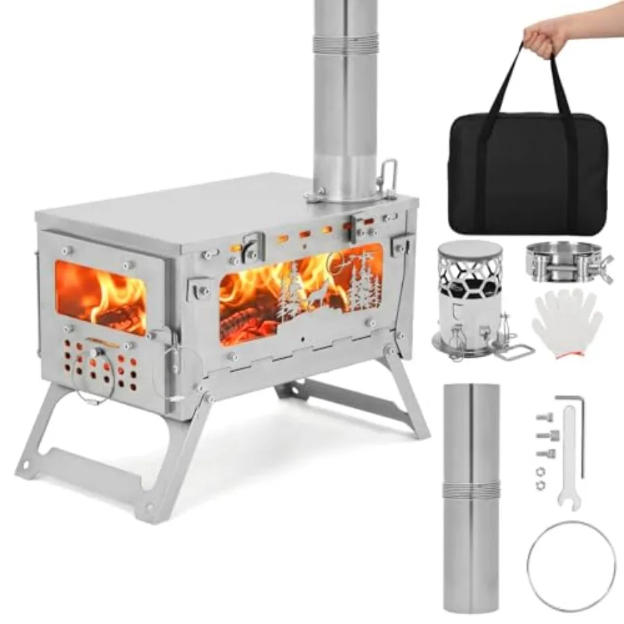 

Ultralight camping wood stove for backpacking, winter cooking, heating, ice fishing; stainless steel; black; 4.4lbs folding des