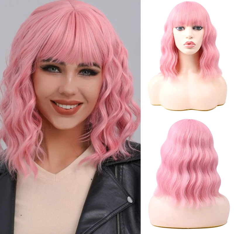 

Belle Show Short Wavy Wig Synthetic Curly Hair With Bangs Middle Part Black Pink Wig Natural Water Wave Hair Wig For Woman