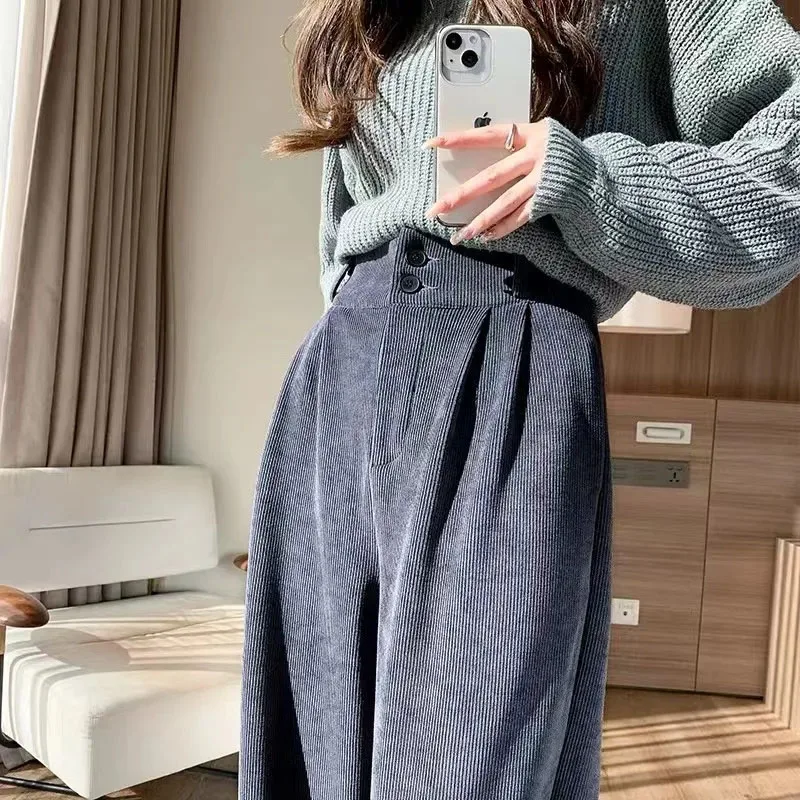 High Waist Corduroy Wide Leg Pants Women Winter Thick Warm Casual Trousers Korean Solid Office Lady All Match Straight Pants