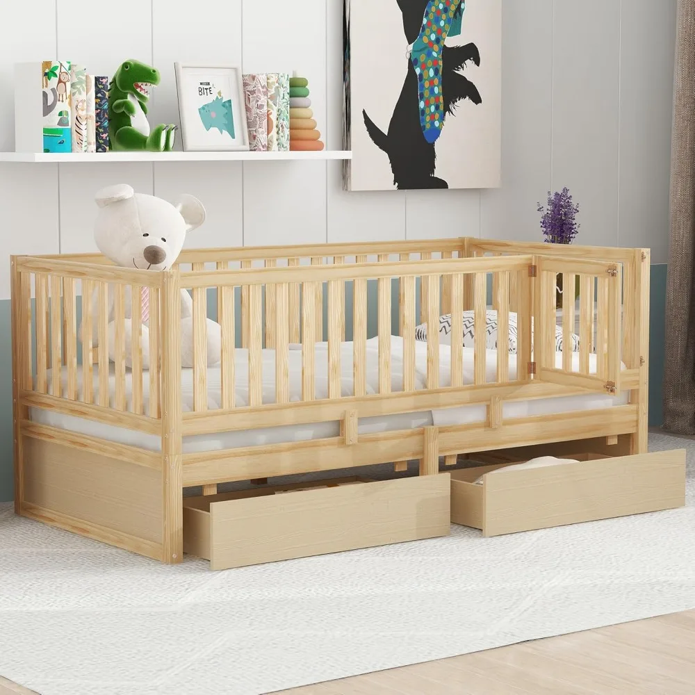 

Twin Size Wood Daybed Frame with Guardrails and Storage Drawers for Kids and Adults