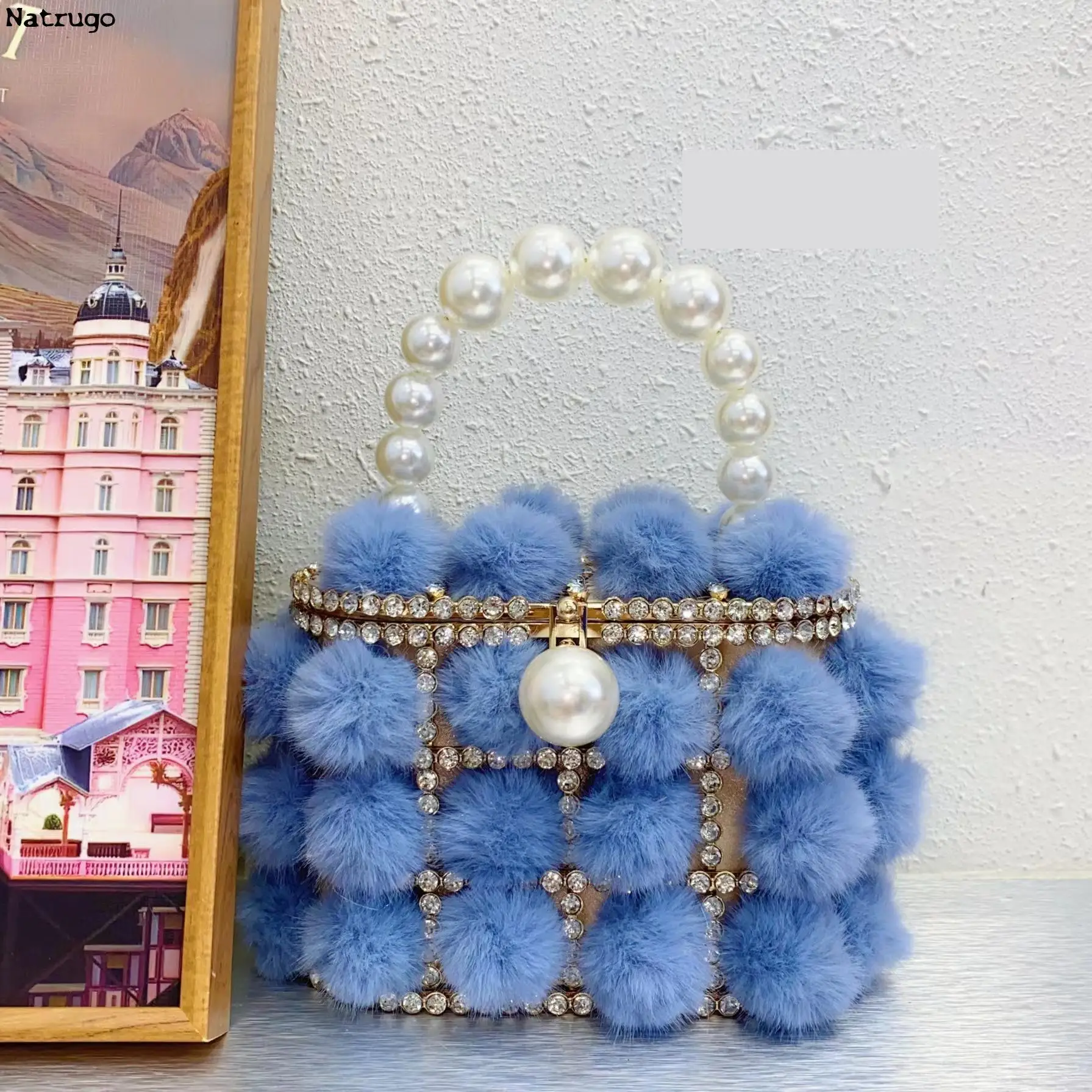 Borsa da sera con strass con manico in perla borsa da sera con manico superiore in cristallo di pelliccia finta per borse e borsette da donna borsa