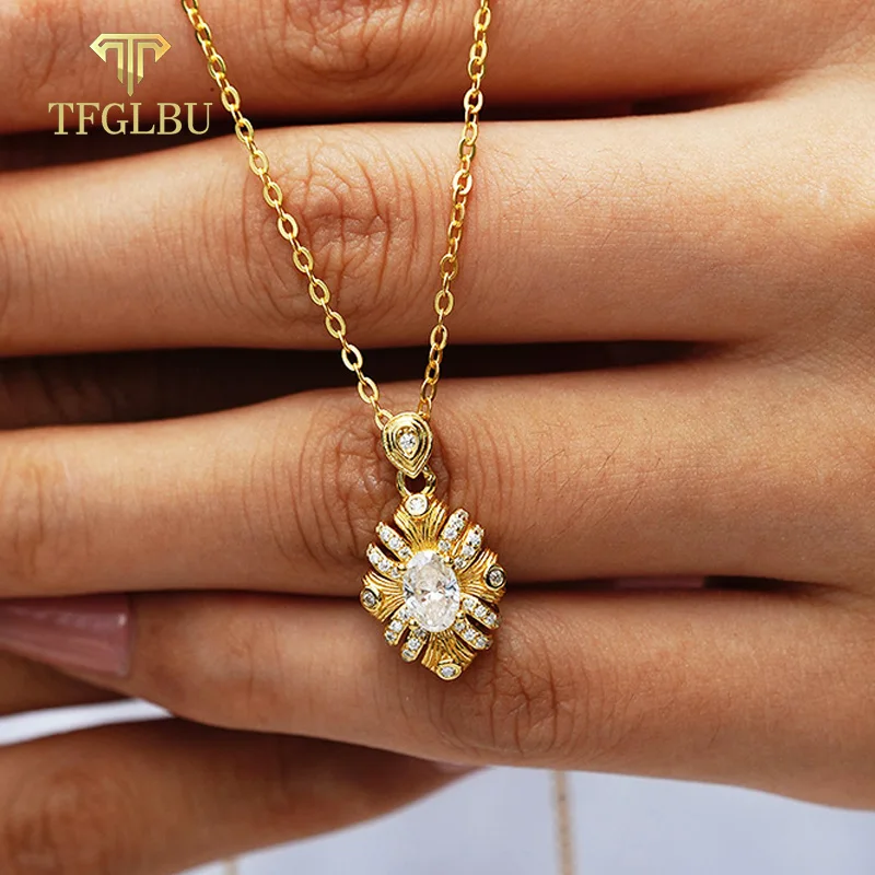 

TFGLBU Vintage 5*7mm 1CT Oval Cut Moissanite Necklace for Women Sunflower Chain Lab Diamond Sterling Silver 925 Pendant Wedding