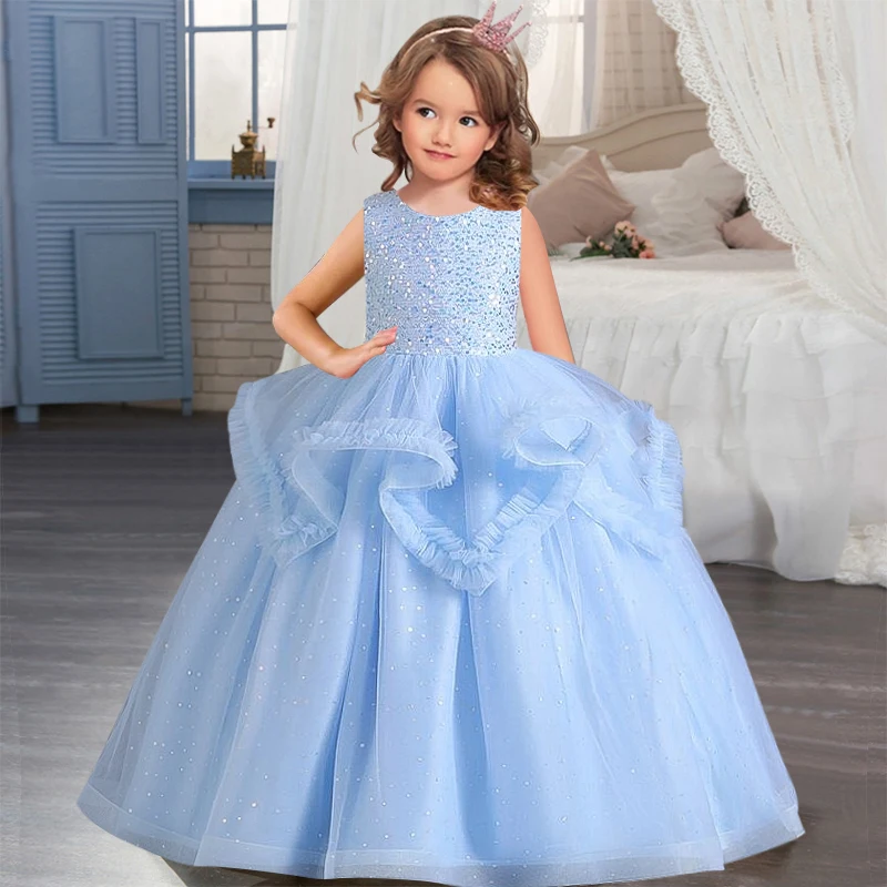 Girl sequin embroidered yarn dress birthday party dress new 4-14 years old girl pearl sleeveless Graduation Ball Princess dress