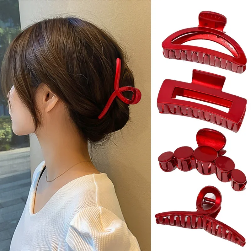 Red Hair Claw For Women Fashion Geometry Crab Hair Clip Girl Elegant Square Small Large Catch Jaw Festival Headwear Accessories