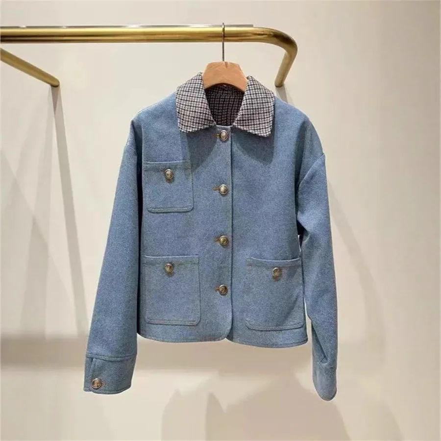 【Darmowy Prezent】 Kurtka jeansowa damska w kratę w stylu retro na wczesną jesień 2025, styl uniwersytecki, luźny krój, bluzka z długim rękawem
