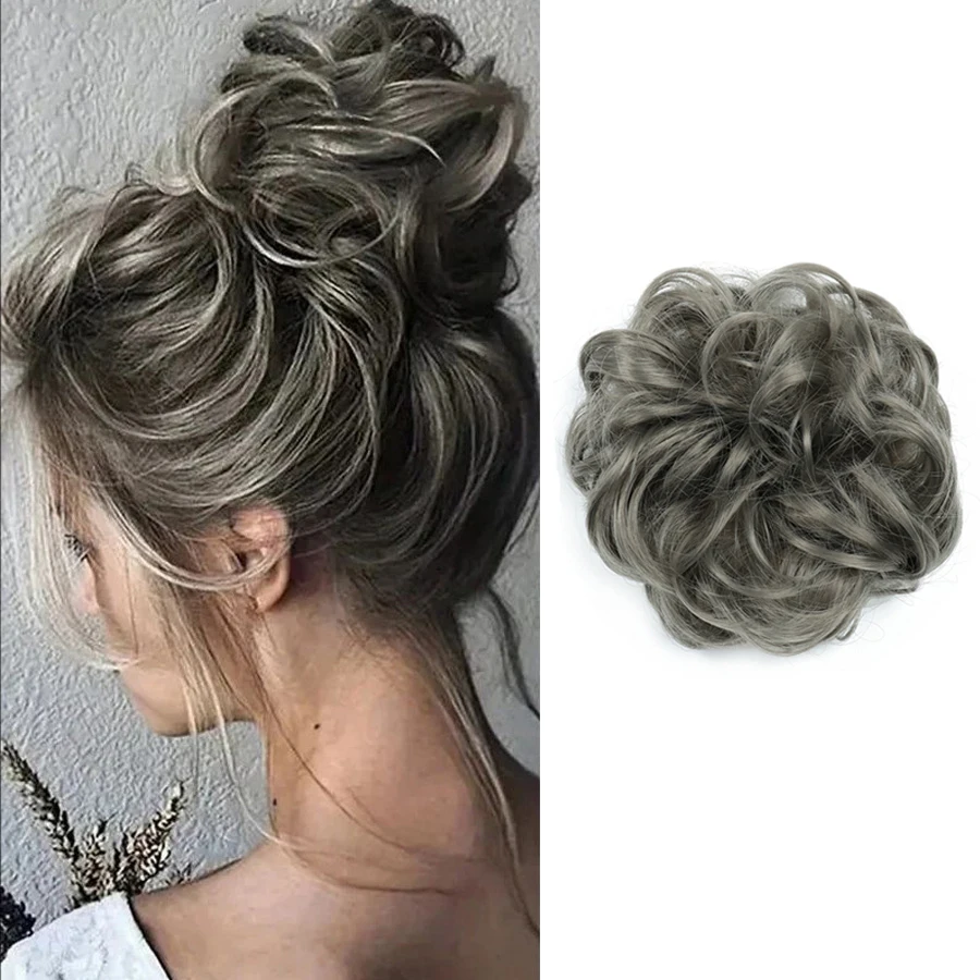 Dark Gray Big Hairpiece Scrunchy Updo Bridal Hairstyle Curly Synthetic Messy Bun