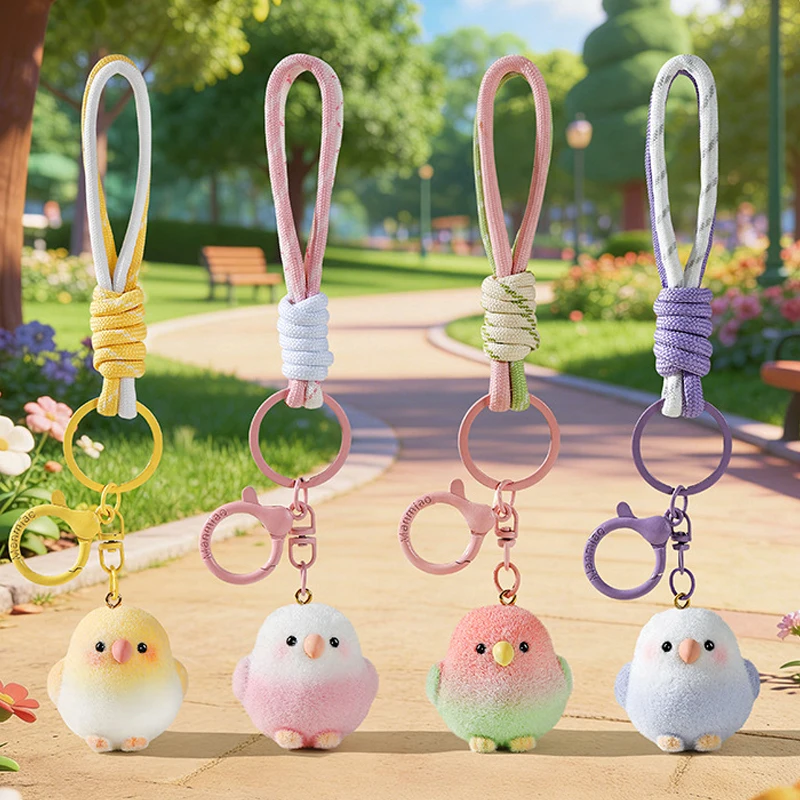 Graduated flocking bird keychain, cute plush pendant, knitted hand rope, bag decoration, gift for birthday