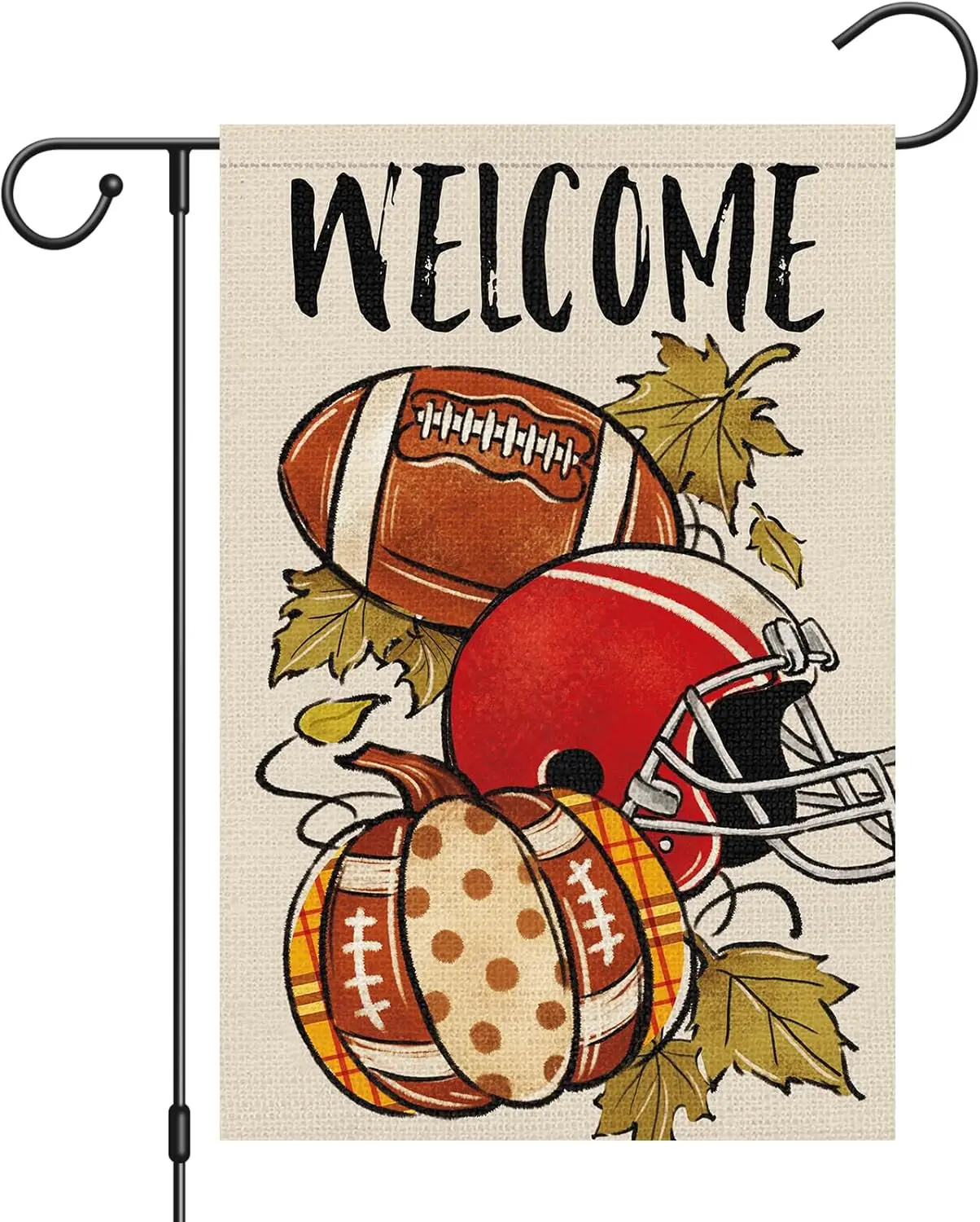 Heyfibro Fall Football Welcome Garden Flag 12 x 18 Inch Vertical Double Sided Burlap, Autunm Pumpkin Sports Game Day Flag for Ya