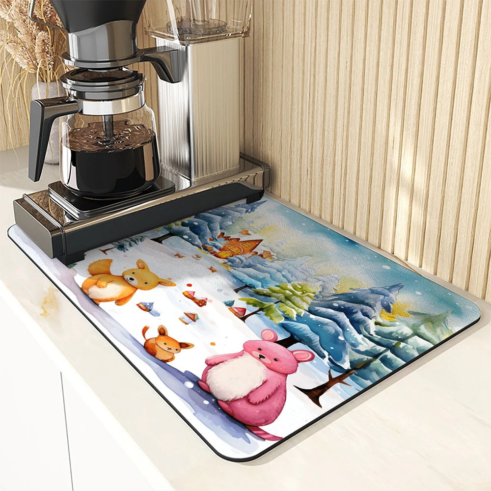 Absorbent Mat Cartoon Watercolor Christmas Animals Kitchen Antiskid Drying Mat Quick Dry Bathroom Drain Pad Tableware Mat