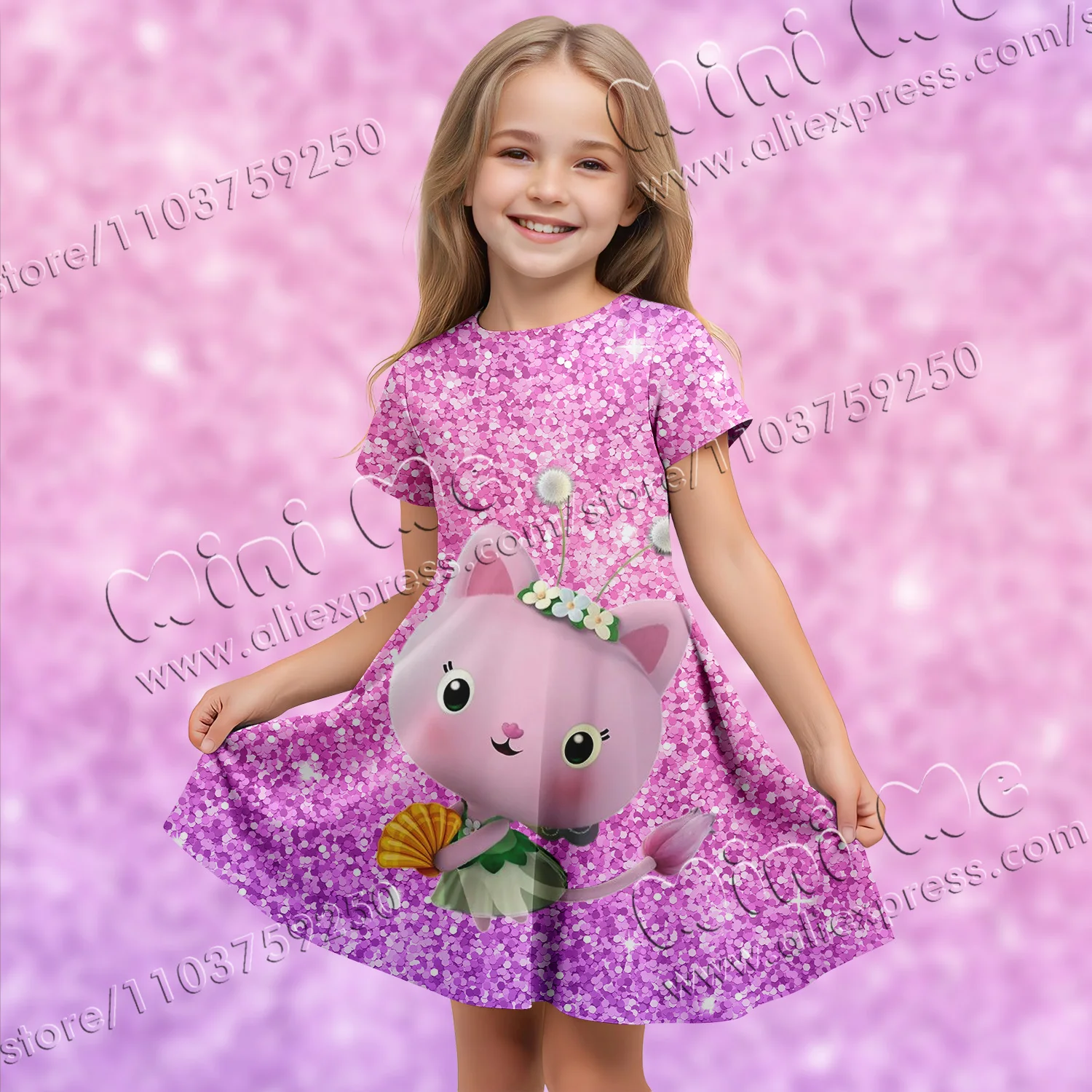 MINISO Authorized Sequins 3d Printing Gabby Dollhouse Elegant Dresses Girl Clothes Summer Dress Holiday Dress 2024 Children