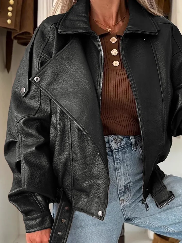 

Women's Elegant Motorcycle Slim Fit Outerwear Autumn Winter Leather Long Sleeved Jacket Fashion Lapel Zipper PU Commuting Coat