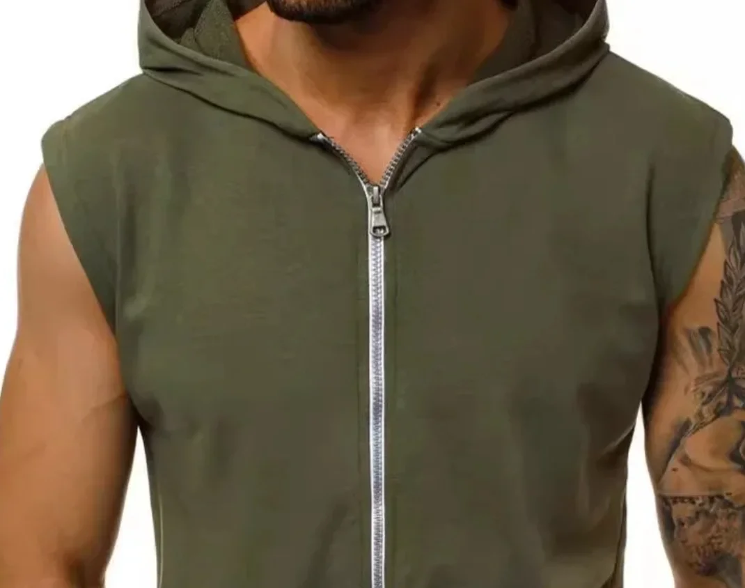 Classic Hoodie Vest Zipper Closure Shrink Resistant Vest Coat Men Sport Sleeveless Hooded Sweatshirt
